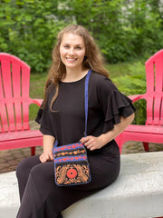 Suede Embroidered Tangerine and Blue Crossbody Bags