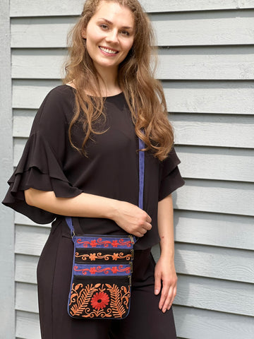 Suede Embroidered Tangerine and Blue Crossbody Bags
